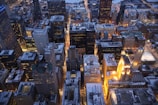 An aerial view of a city at night