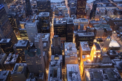 An aerial view of a city at night