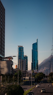 A city street with tall buildings and a mountain in the background