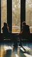 Two people sitting in chairs in front of large windows