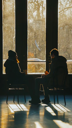 Two people sitting in chairs in front of large windows