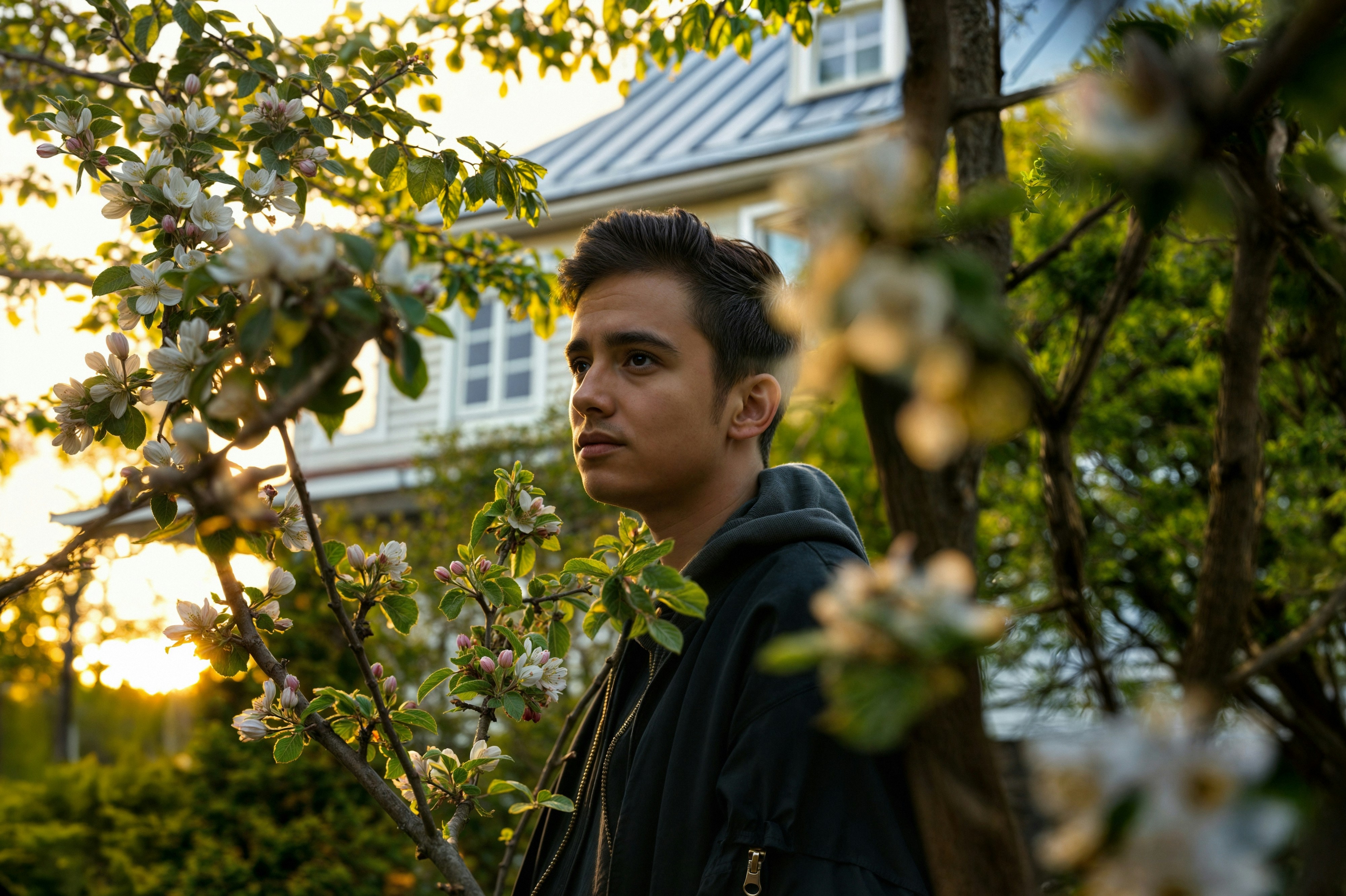 Young man stands amidst blossoming branches