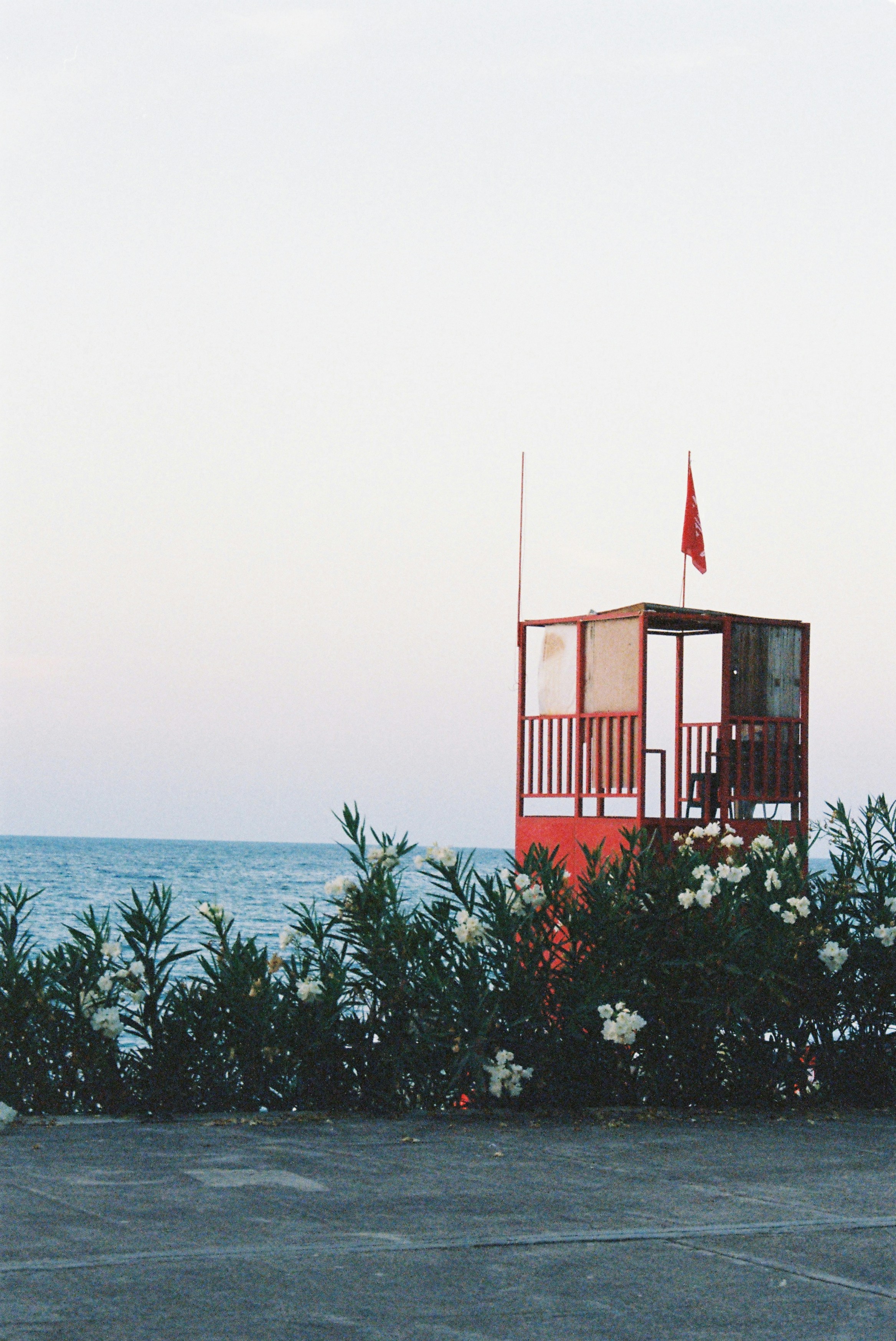 A lifeguard tower sitting on top of a lush green field