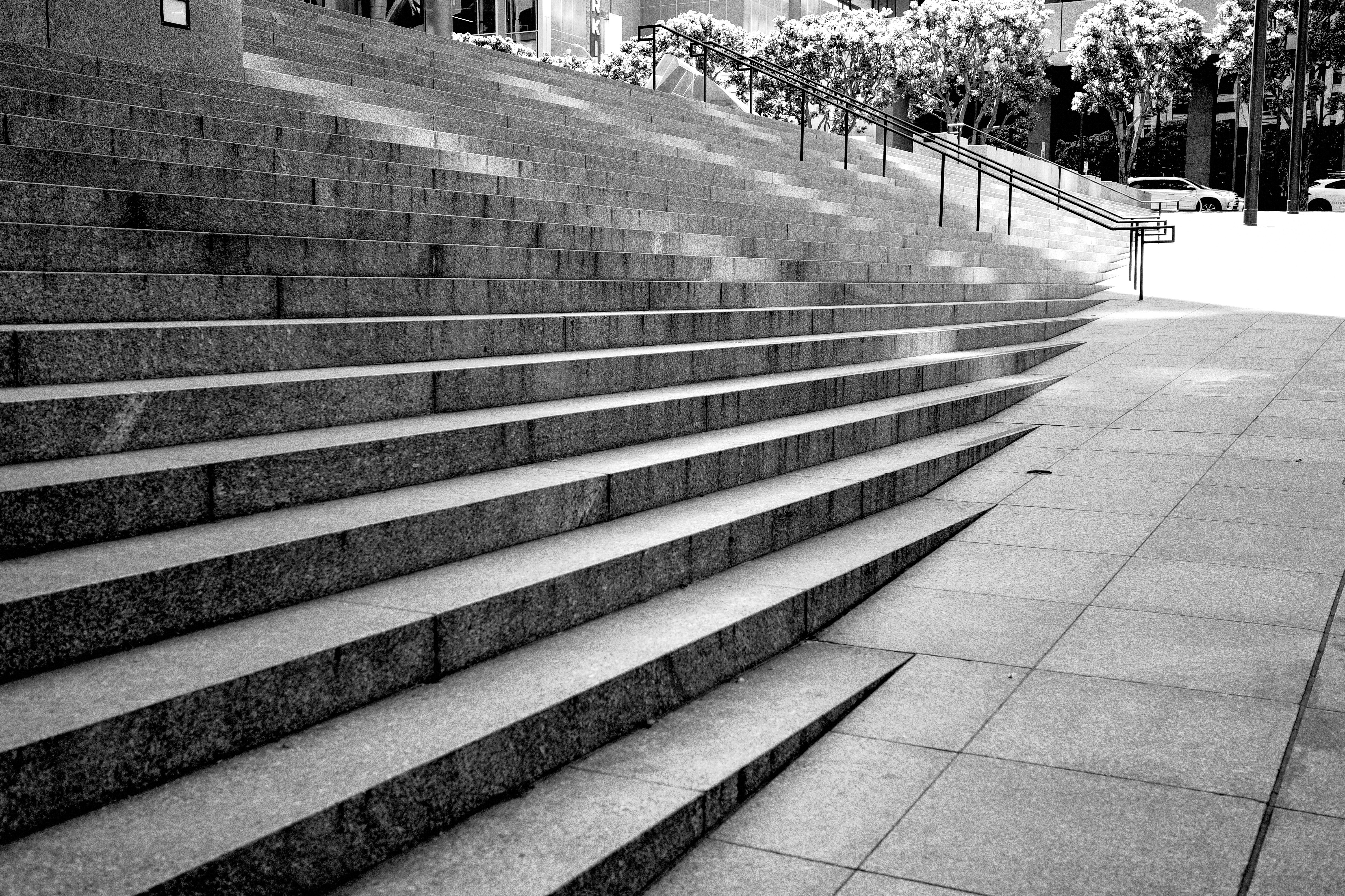 A black and white photo of a set of stairs
