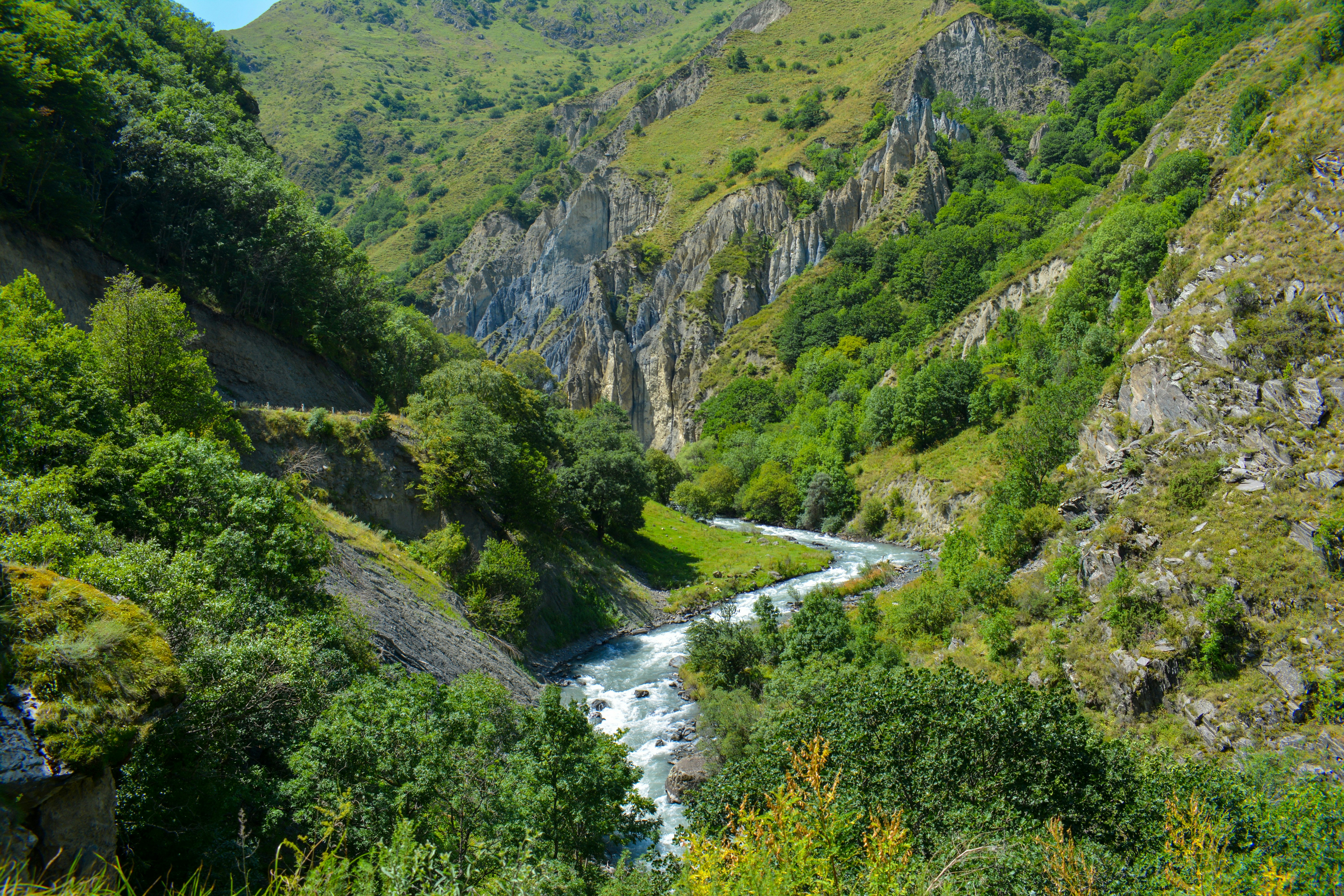 A river running through a lush green valley