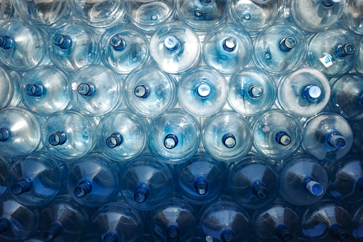 Bottled water stacked in packs, ready for delivery