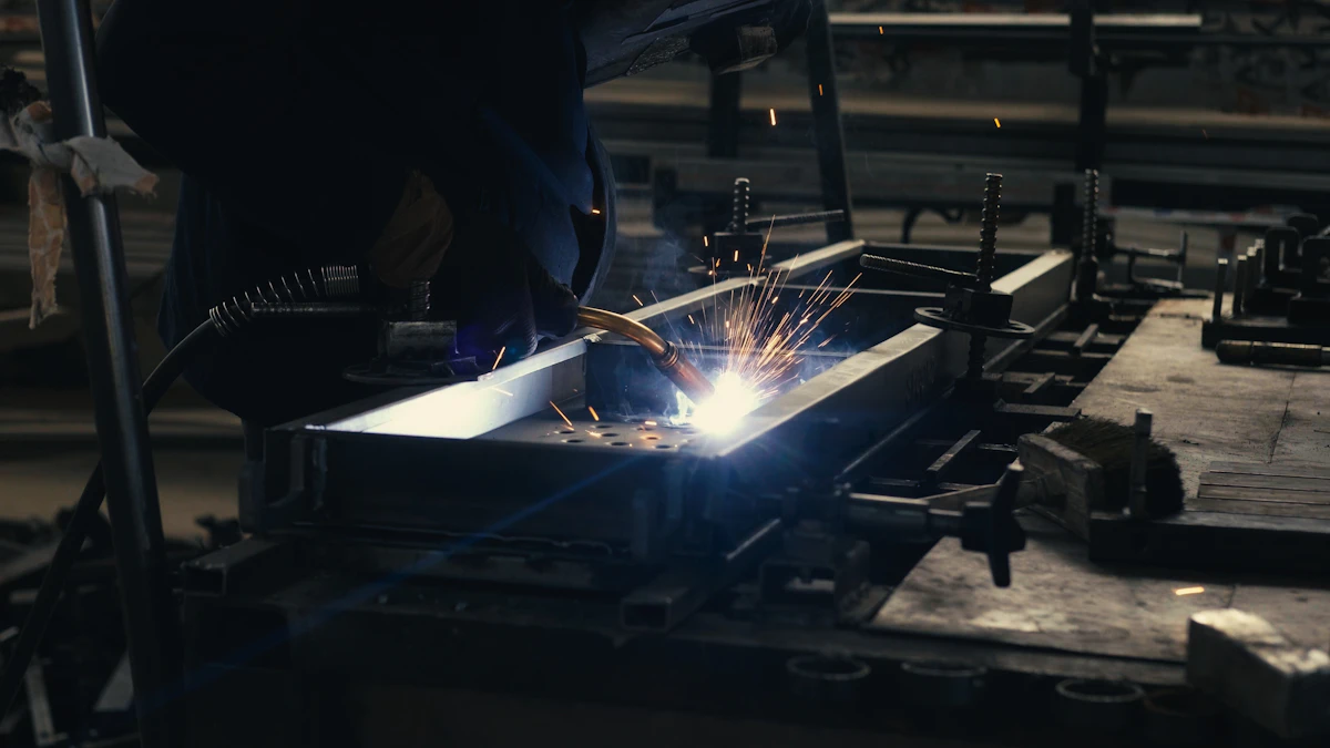 Svejser arbejder på en stålbjælke på et fabriksgulv