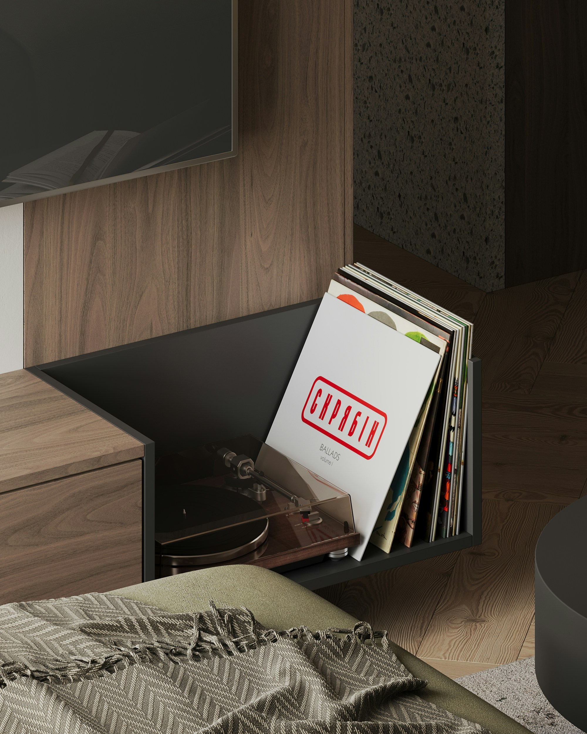 A television sitting on top of a wooden shelf next to a bed