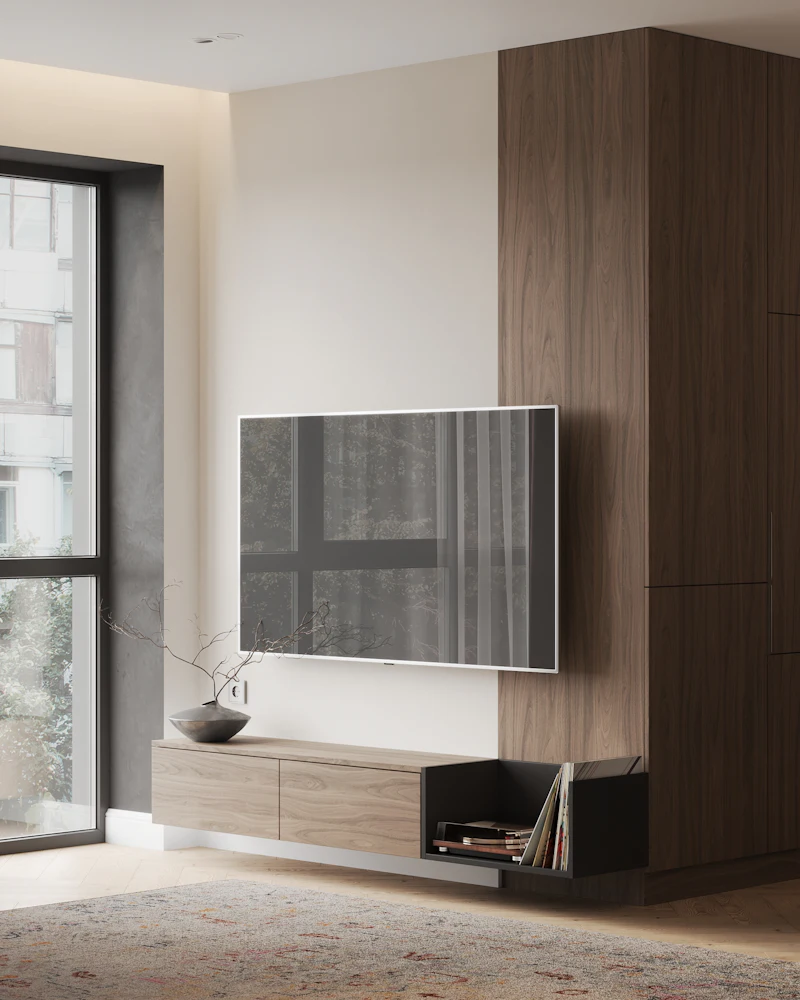 Modern living room with a large integrated video wall and ambient lighting