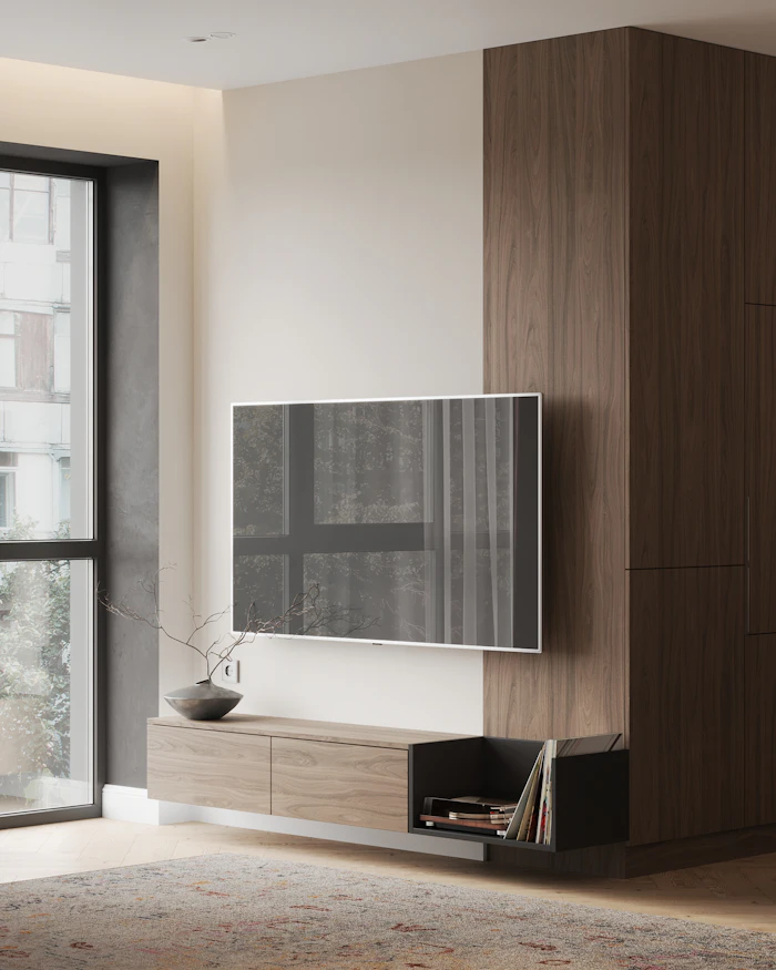 Living con televisor y mueble de madera
