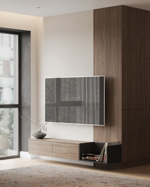 Modern living room with a large television, representing big-screen long-form YouTube viewing