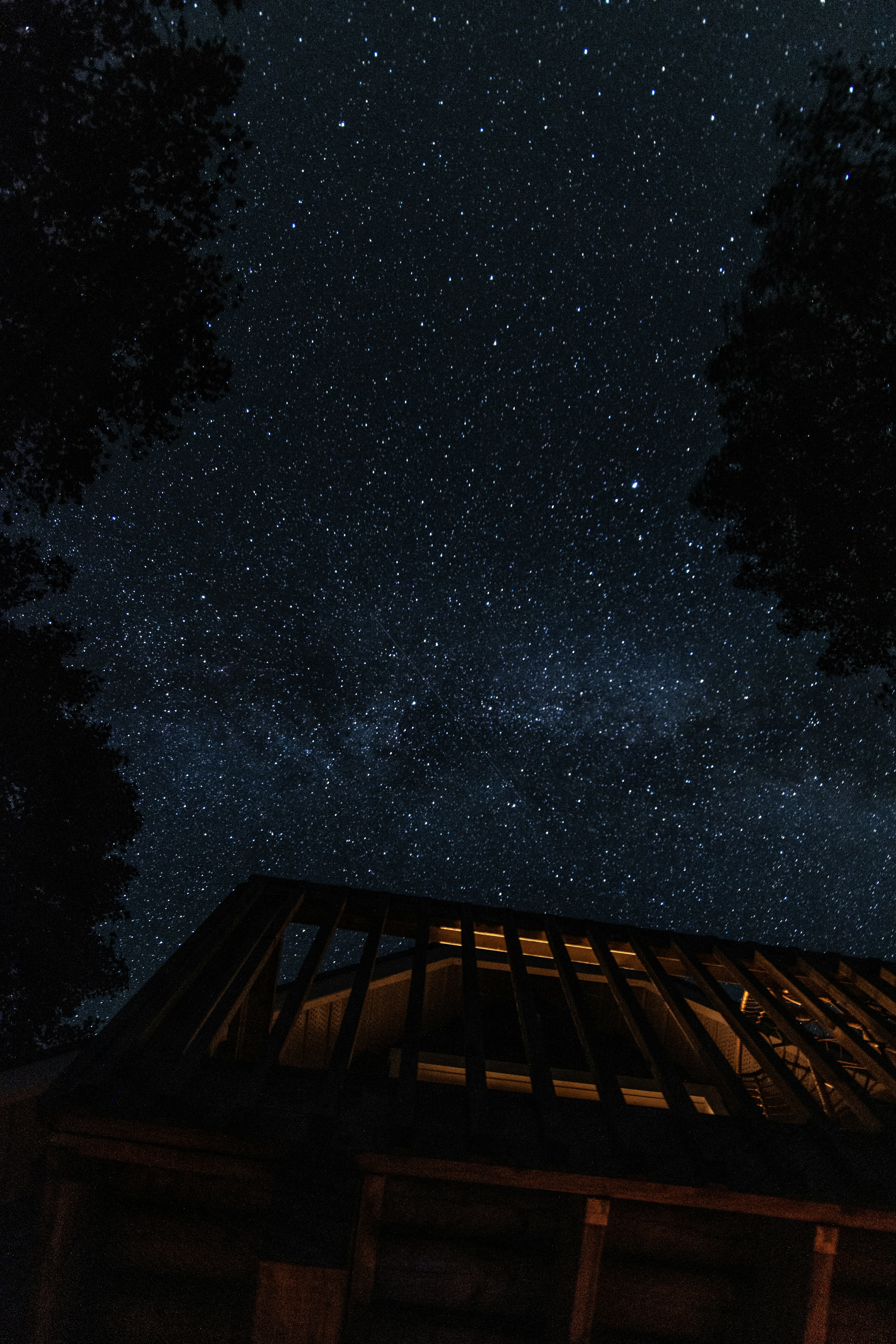The night sky is filled with stars above a cabin