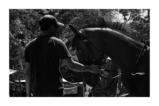 A black and white photo of a person petting a horse