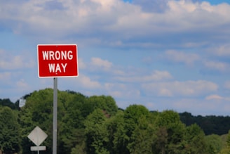 A red wrong way sign sitting on the side of a road