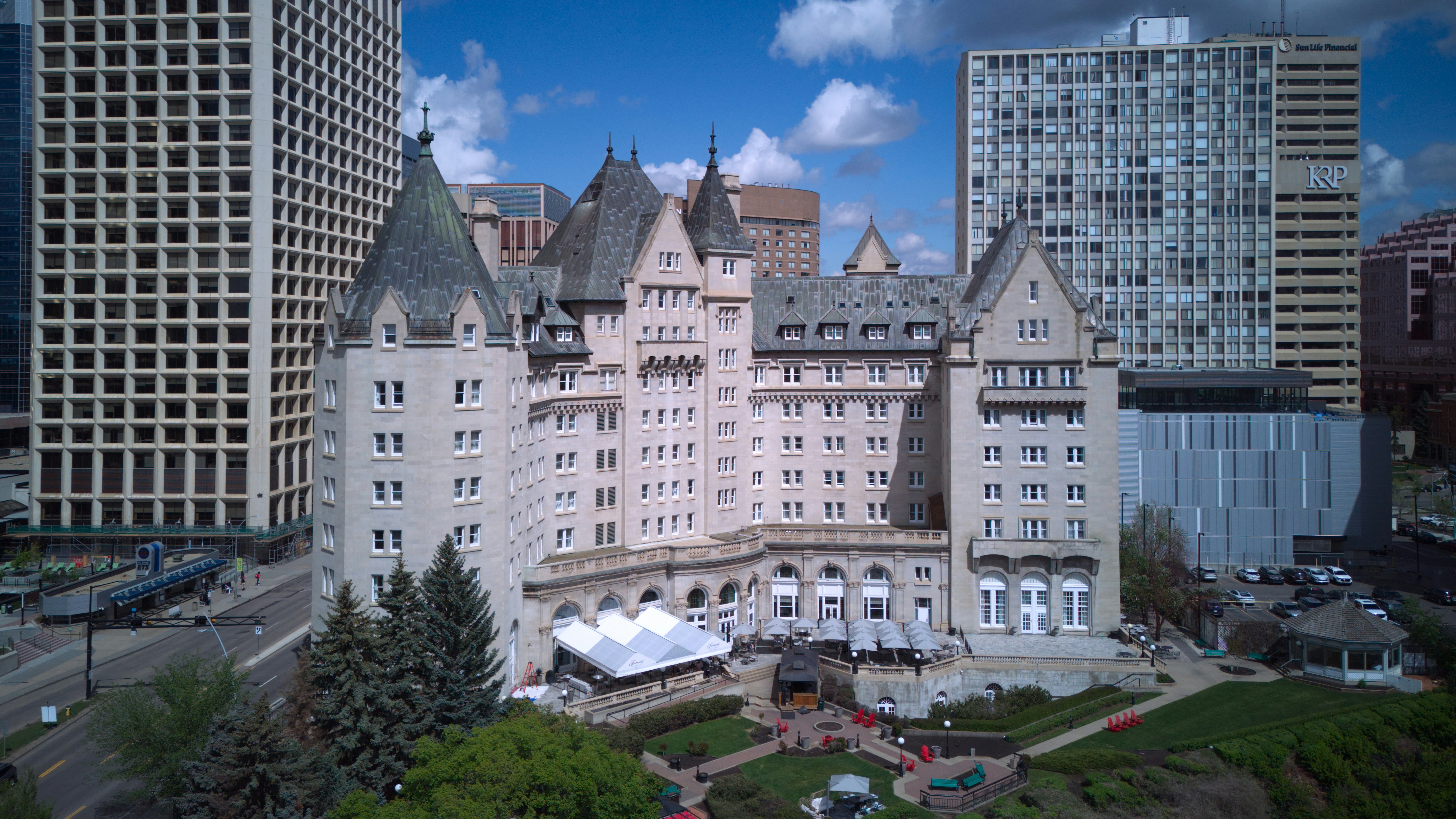 An aerial view of a large building in a city