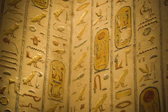 A close up of a wall with egyptian writing on it