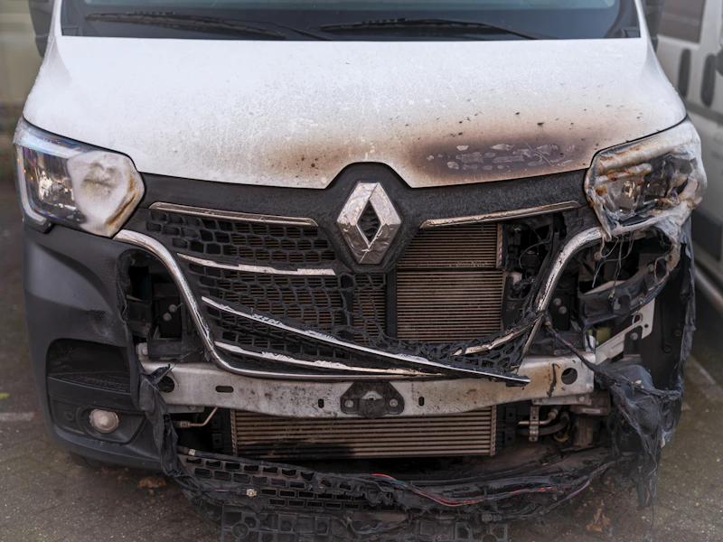 Front-end collision damage on luxury sedan