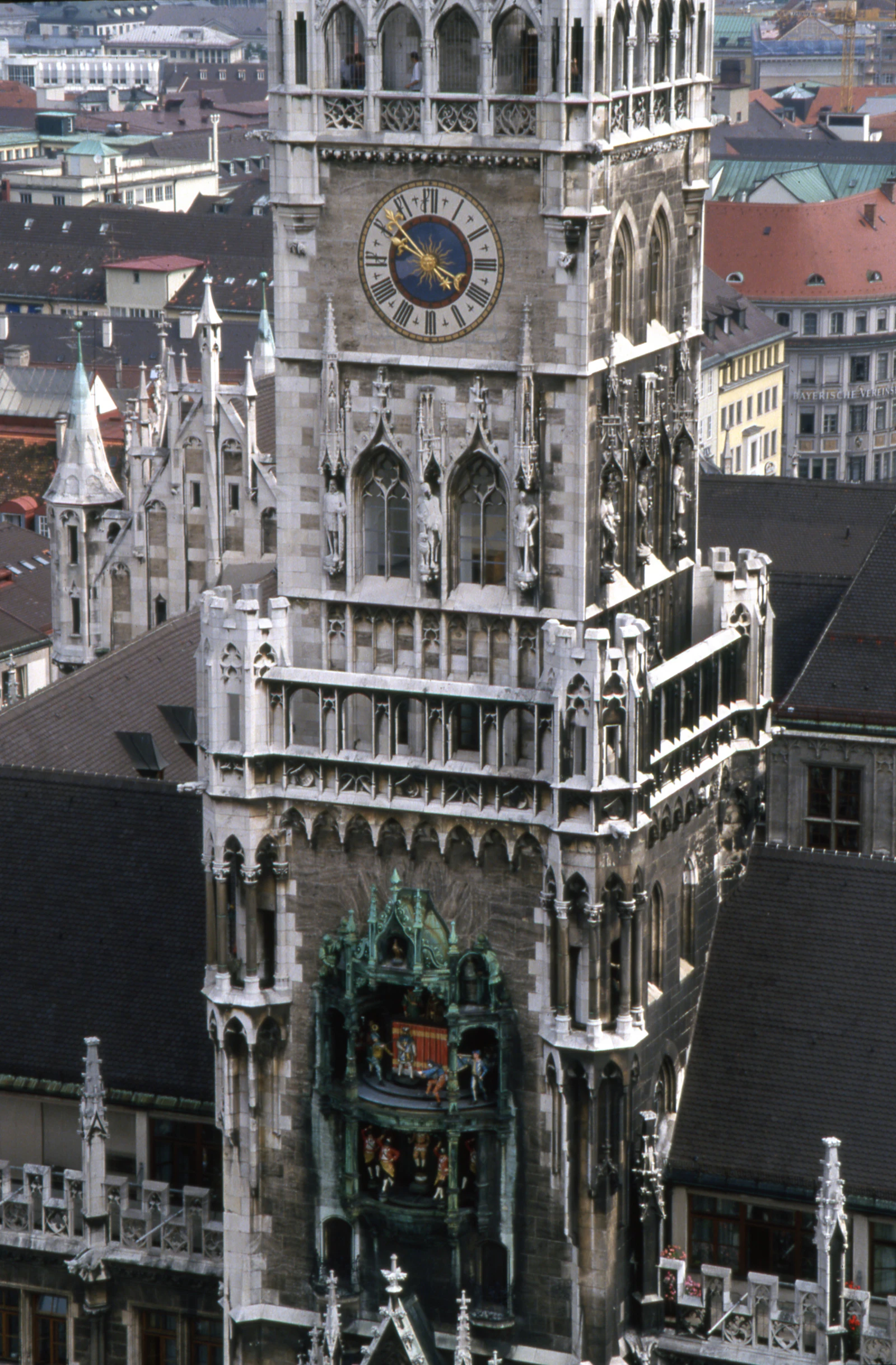 New Town Hall tower and Glockenspiel rising over Marienplatz in Munich