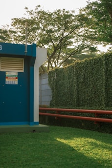 A blue and white toilet sitting in the middle of a lush green field