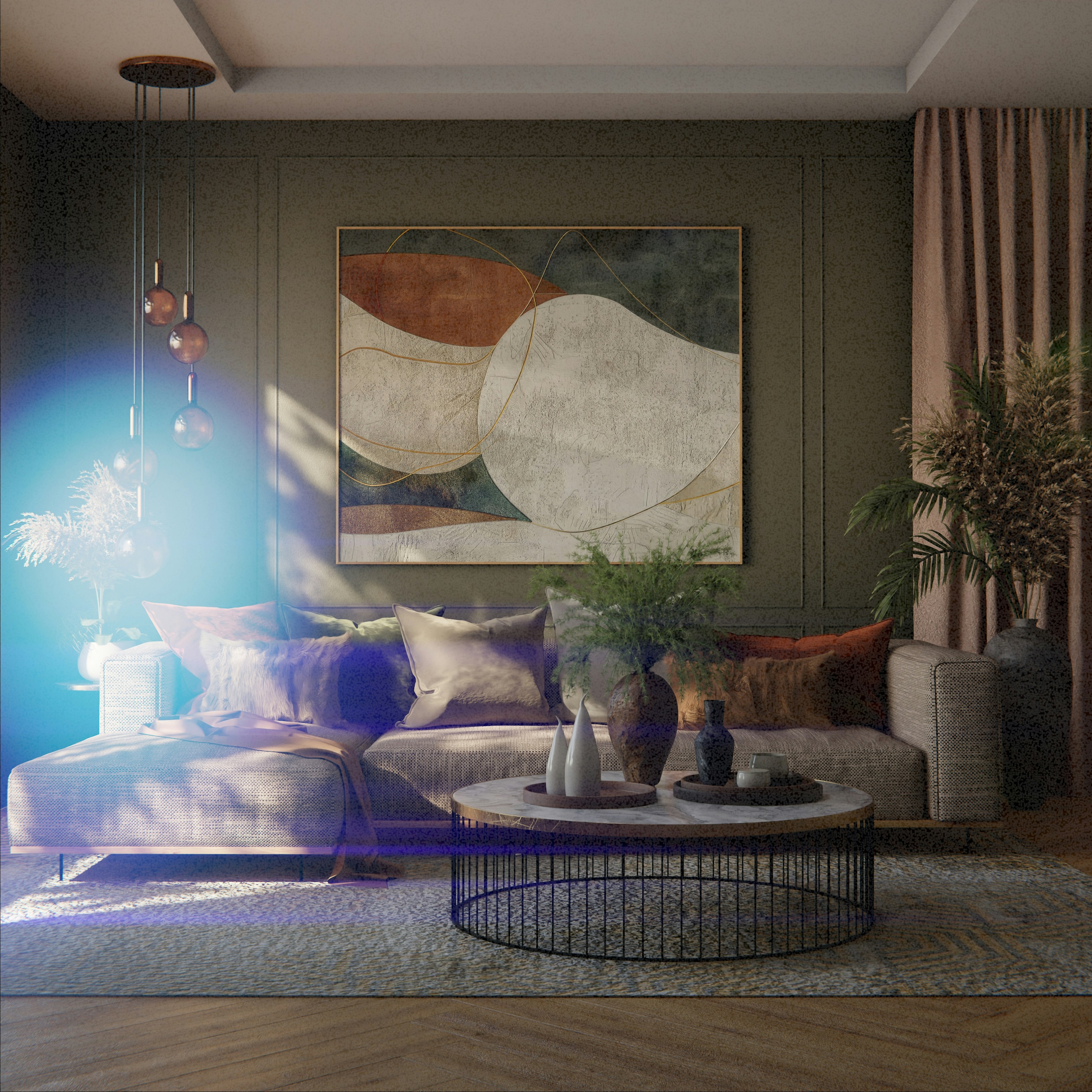 Cozy living room with modern art and sectional sofa.