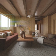 Cozy living room with wooden beams and natural light.