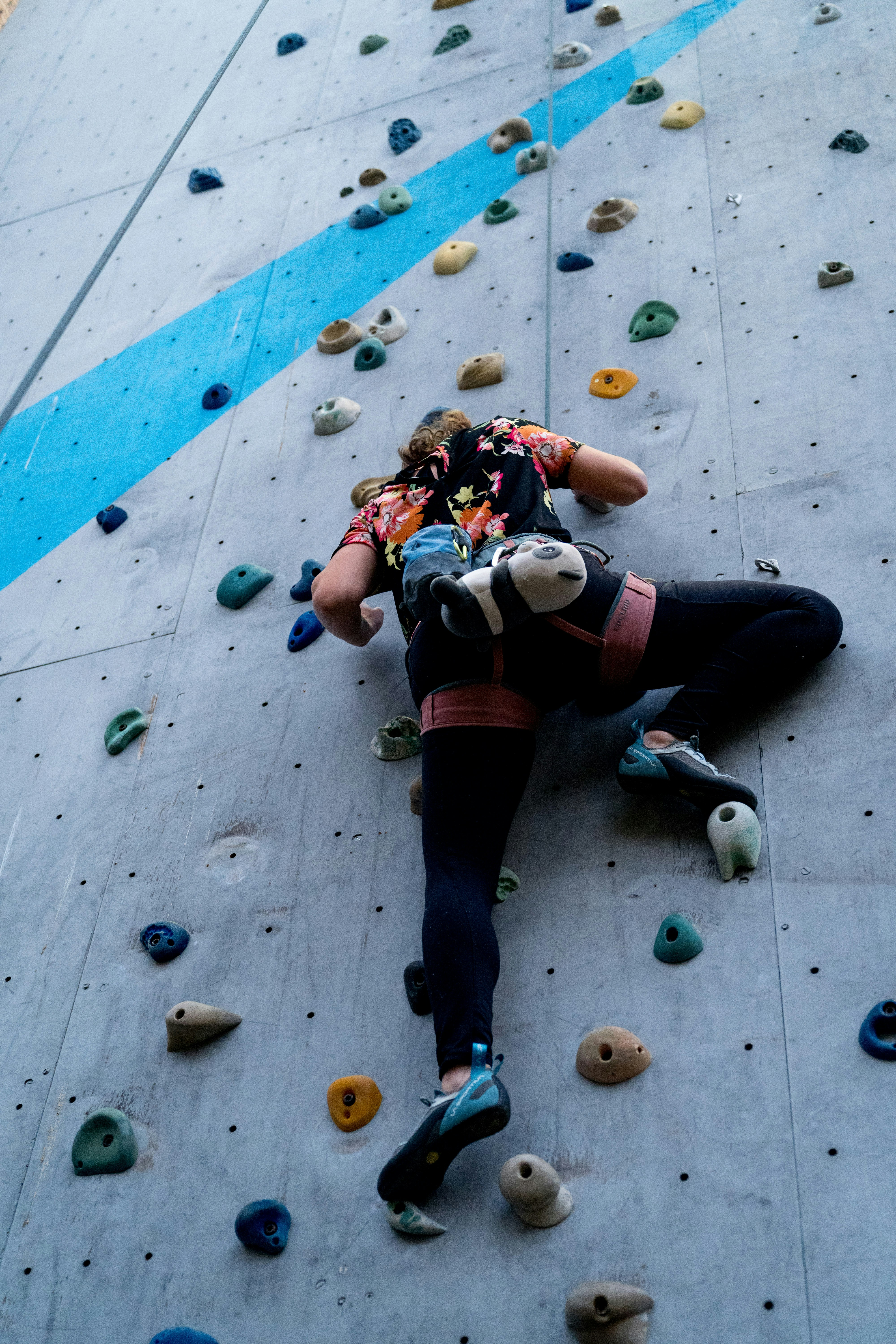 A climber working a bouldering problem