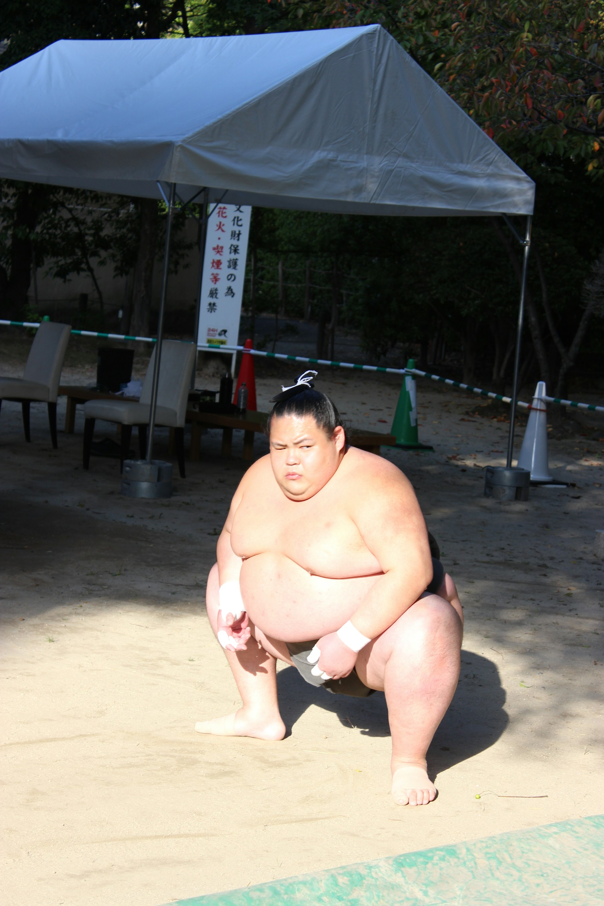 A sumo wrestler squats in front of a swimming pool