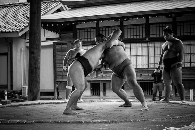 Sumo wrestlers competing at Ryogoku Kokugikan in Tokyo