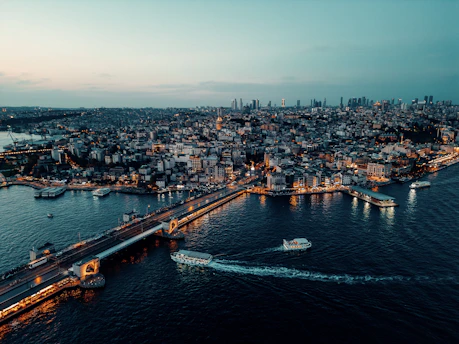 An aerial view of a city and a bridge