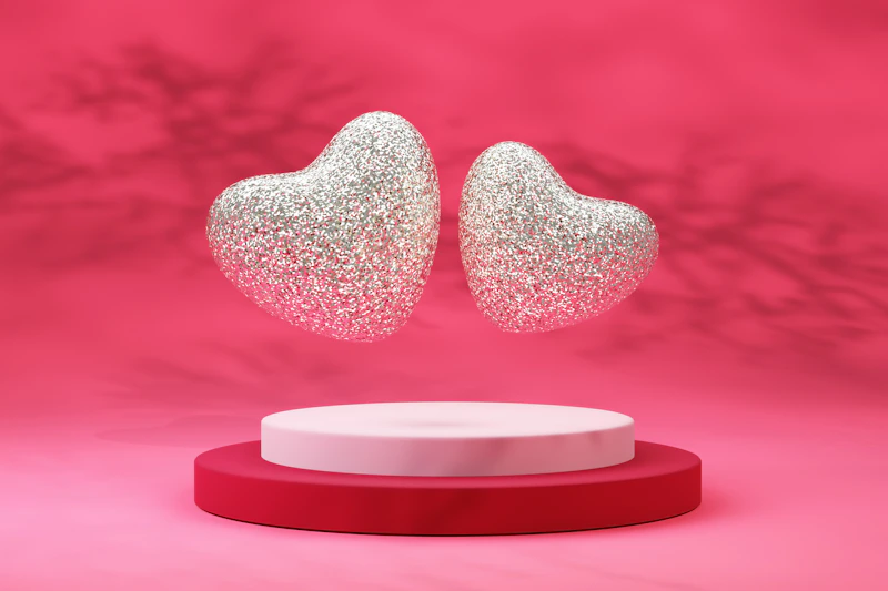A pair of white heart shaped earrings on a pink background