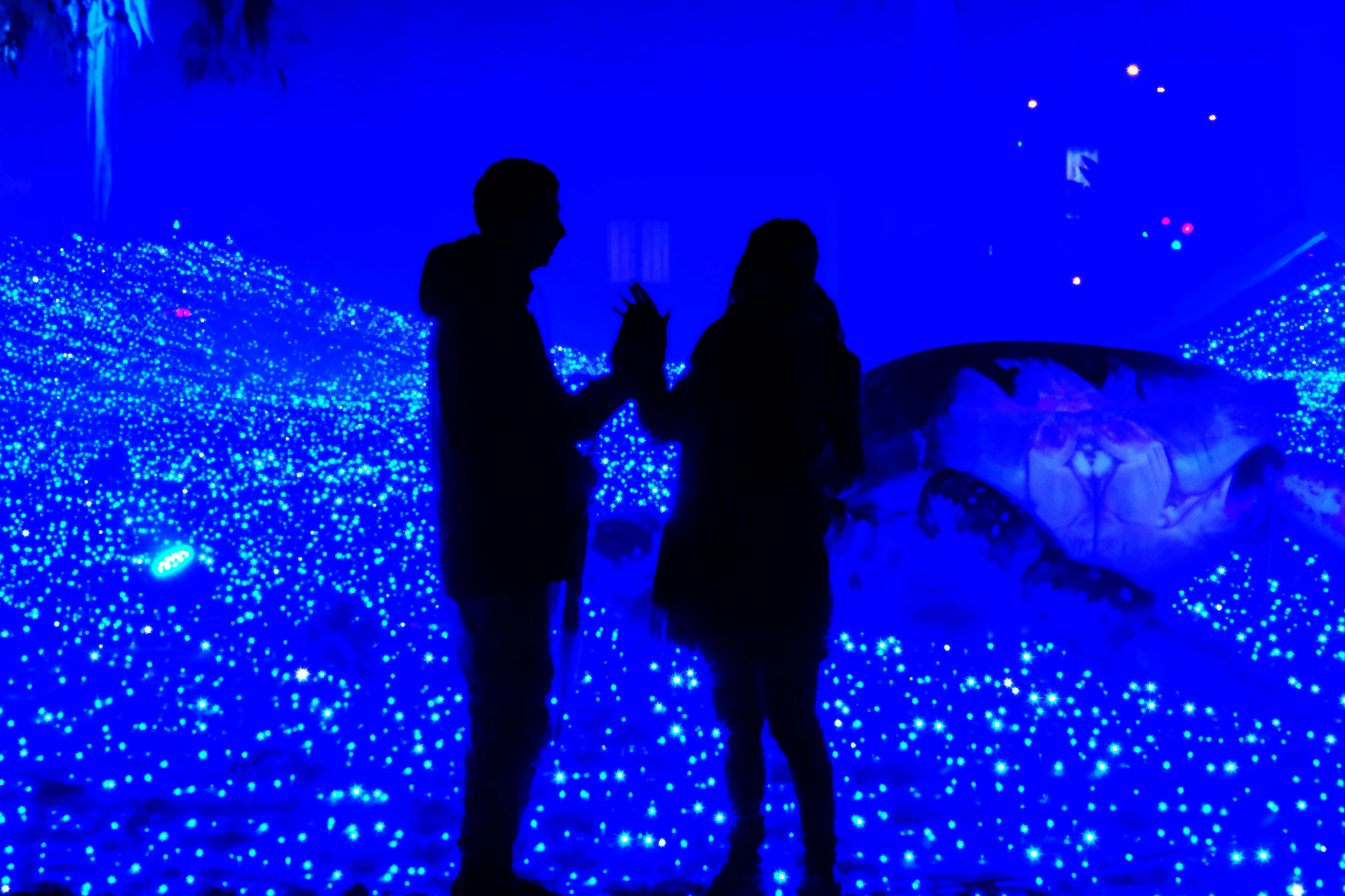 A couple of people standing in front of a blue light