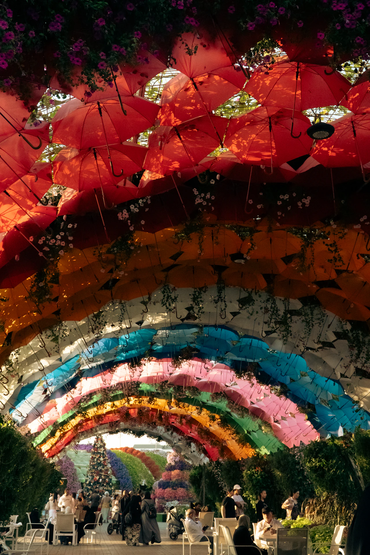Red umbrellas and rainbow arches over a walkway at Dubai Miracle Garden