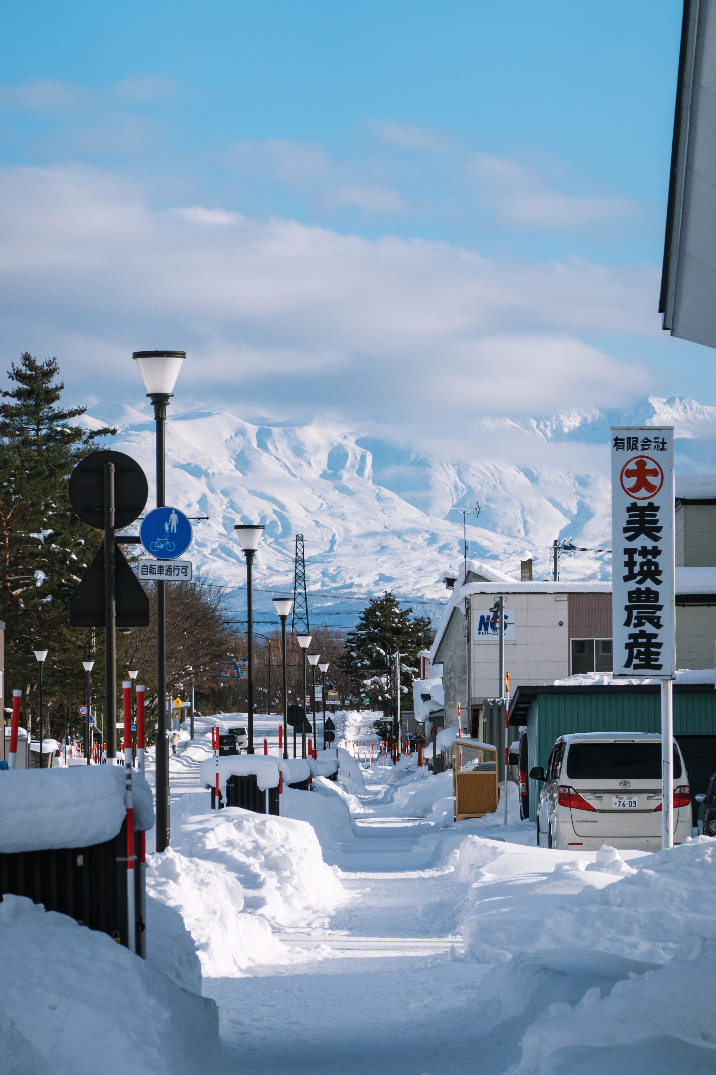 A snow-covered street in Biei, Hokkaido, with a mountain in the background under a clear blue sky