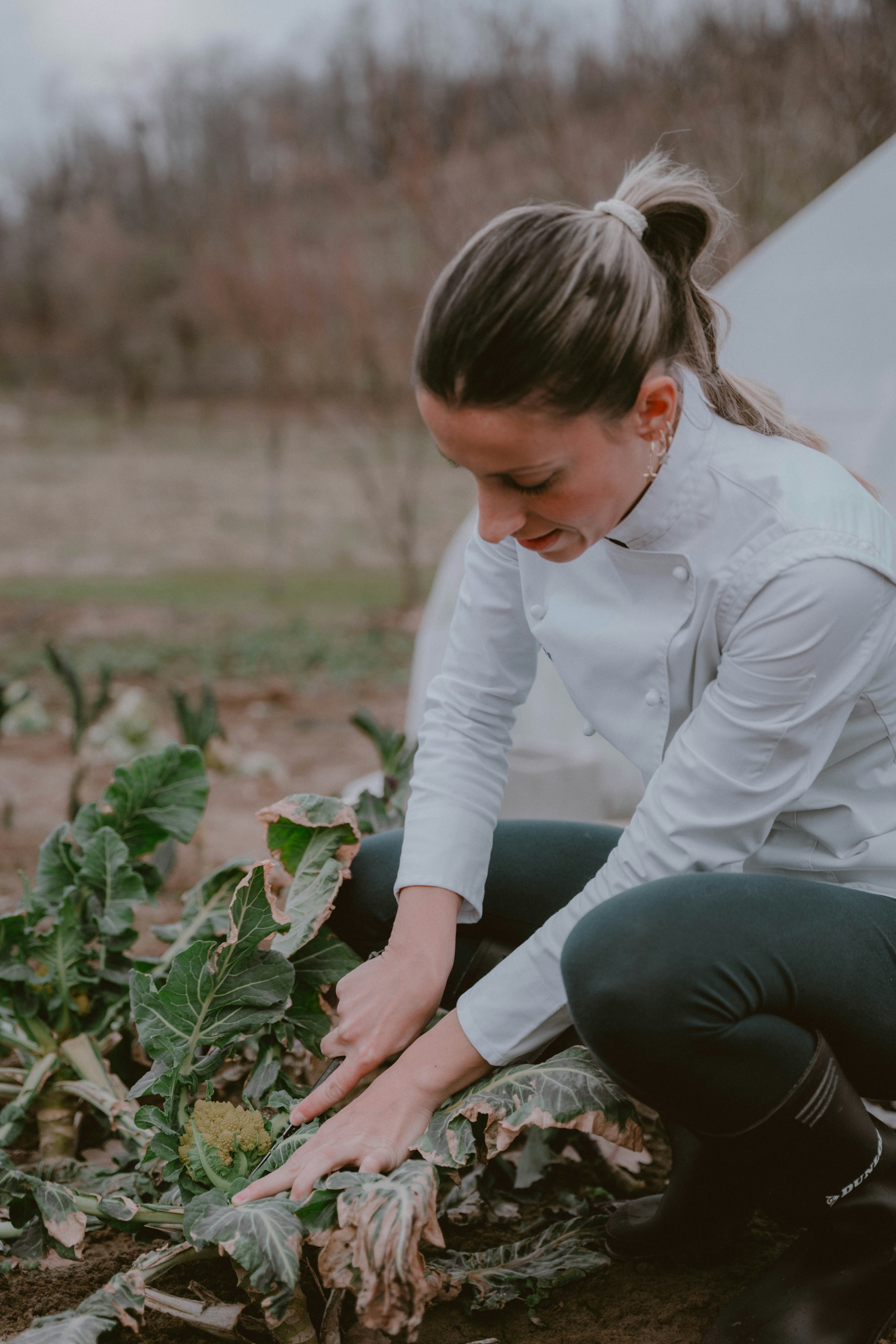A woman kneeling down next to a bunch of plants