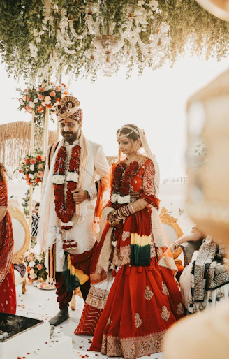 A bride and groom walking down the aisle