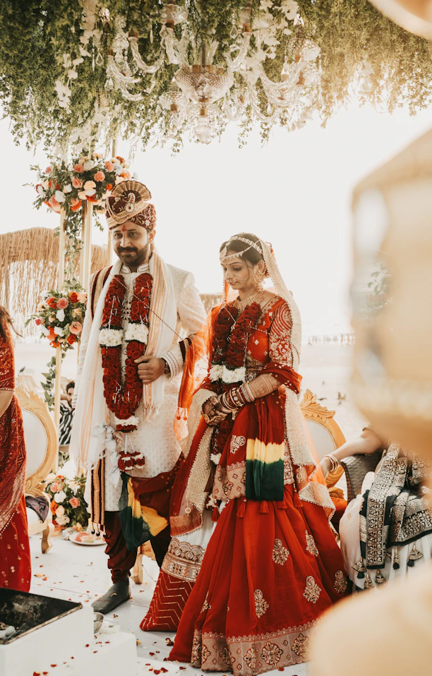 A bride and groom walking down the aisle