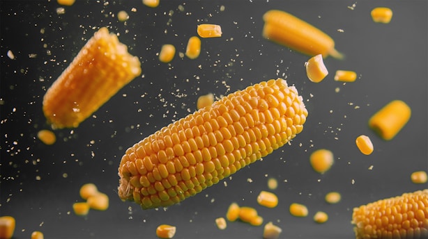 A group of corn on the cob falling into the air