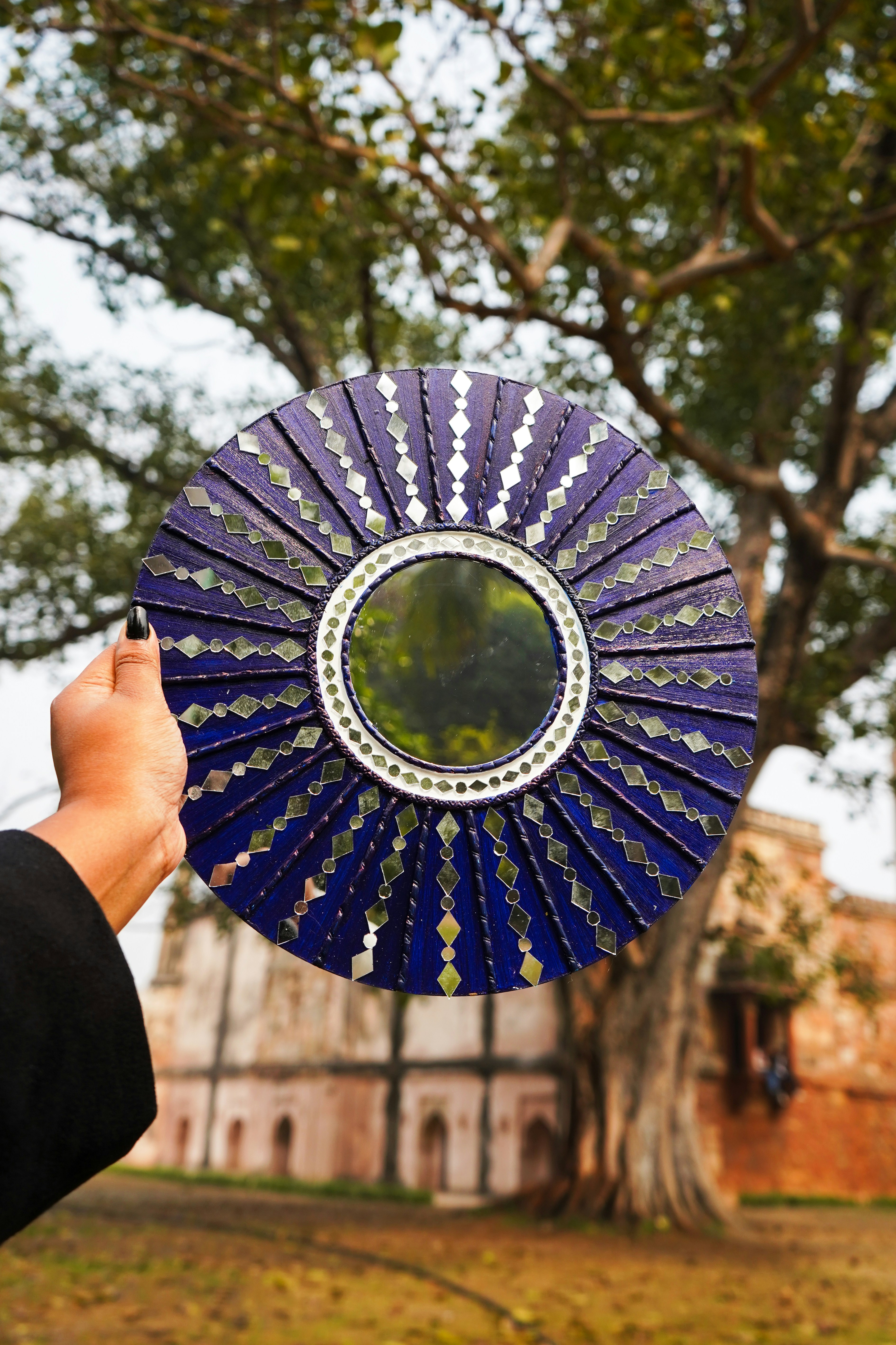 A person holding a blue fan in front of a tree
