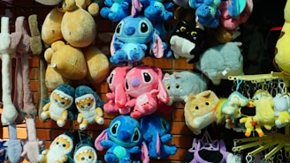 A bunch of stuffed animals are on display