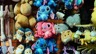 A bunch of stuffed animals are on display