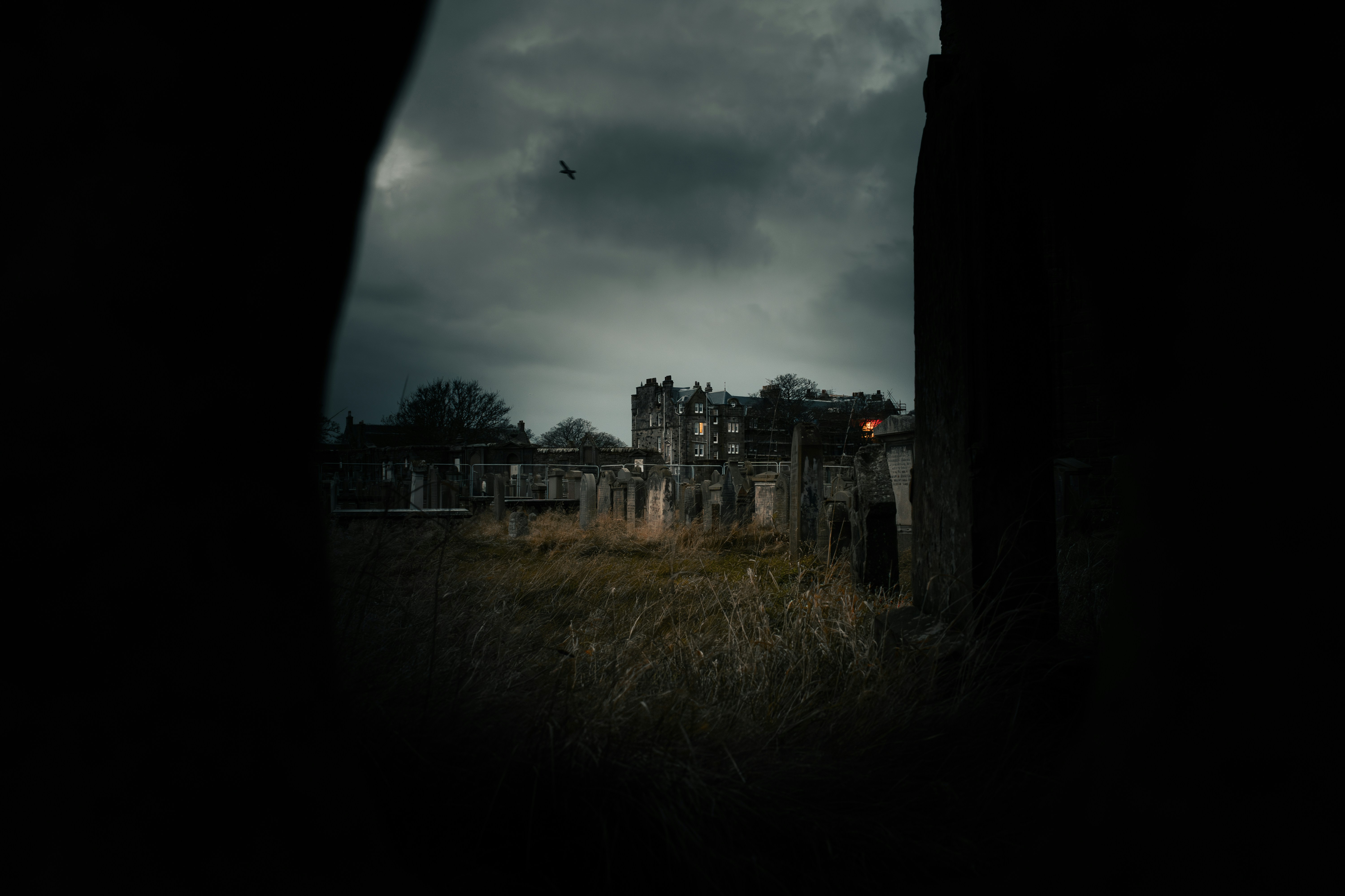 A view of a building through a window