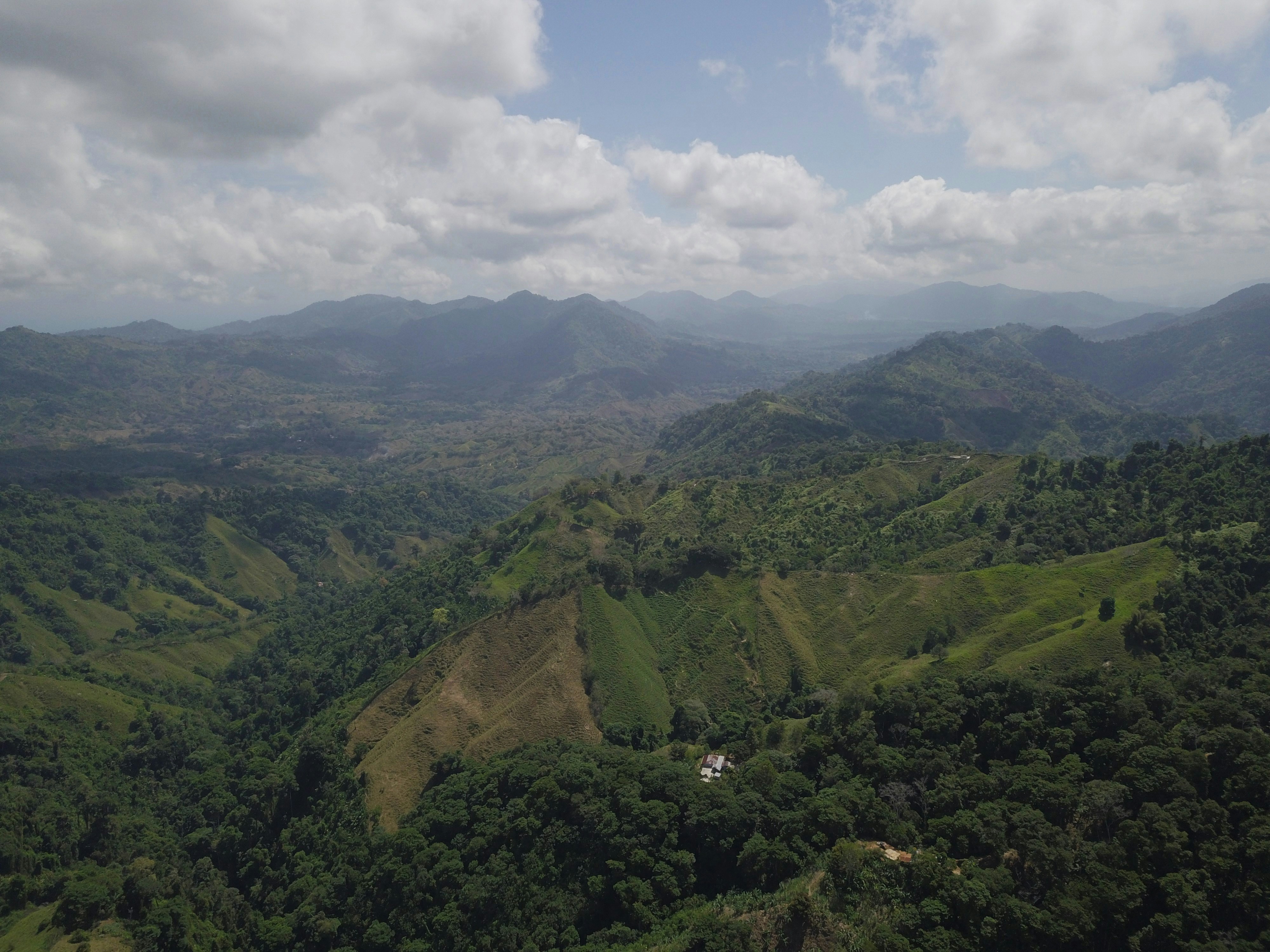 An aerial view of a lush green valley