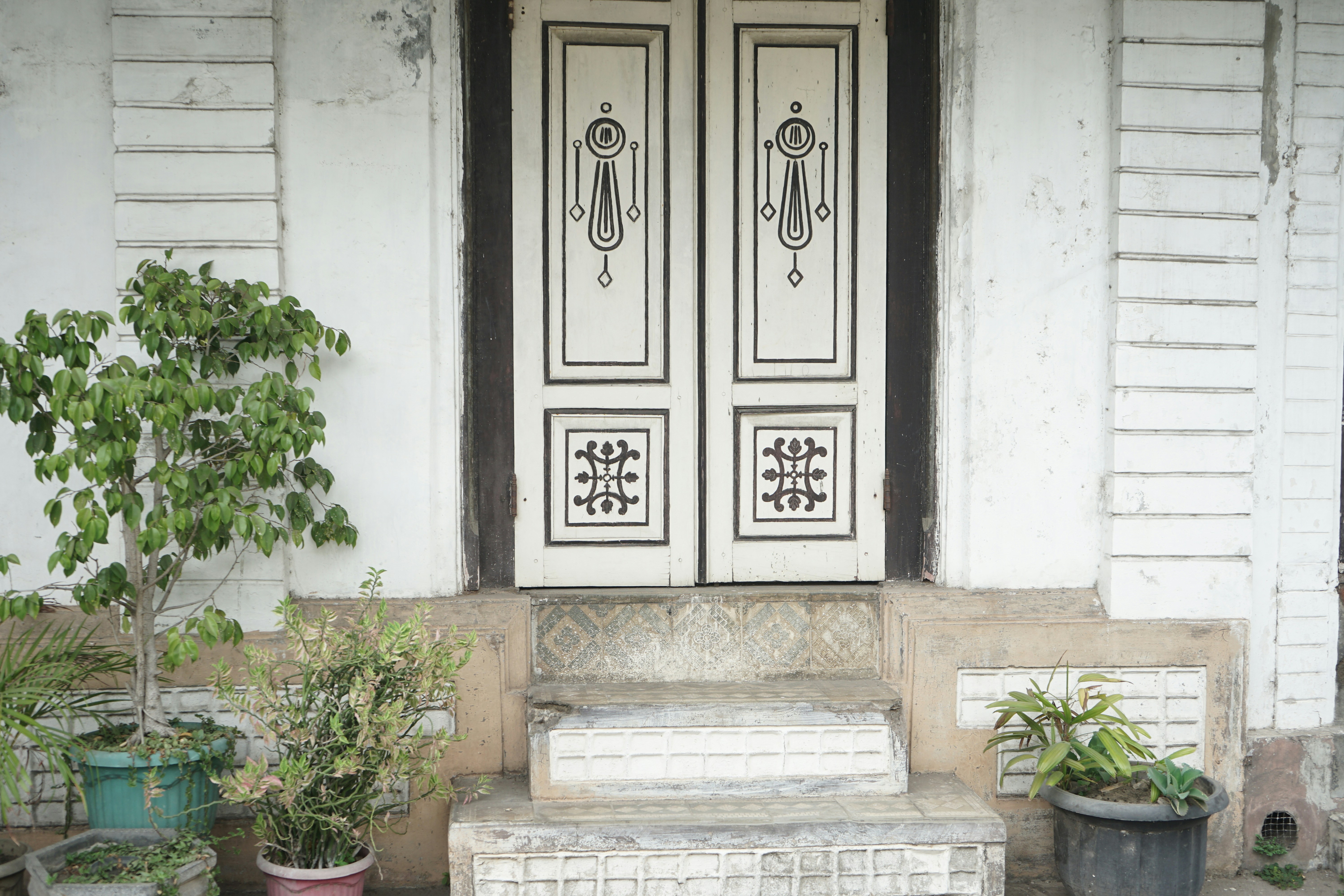 A couple of pots of plants sitting on the steps of a house