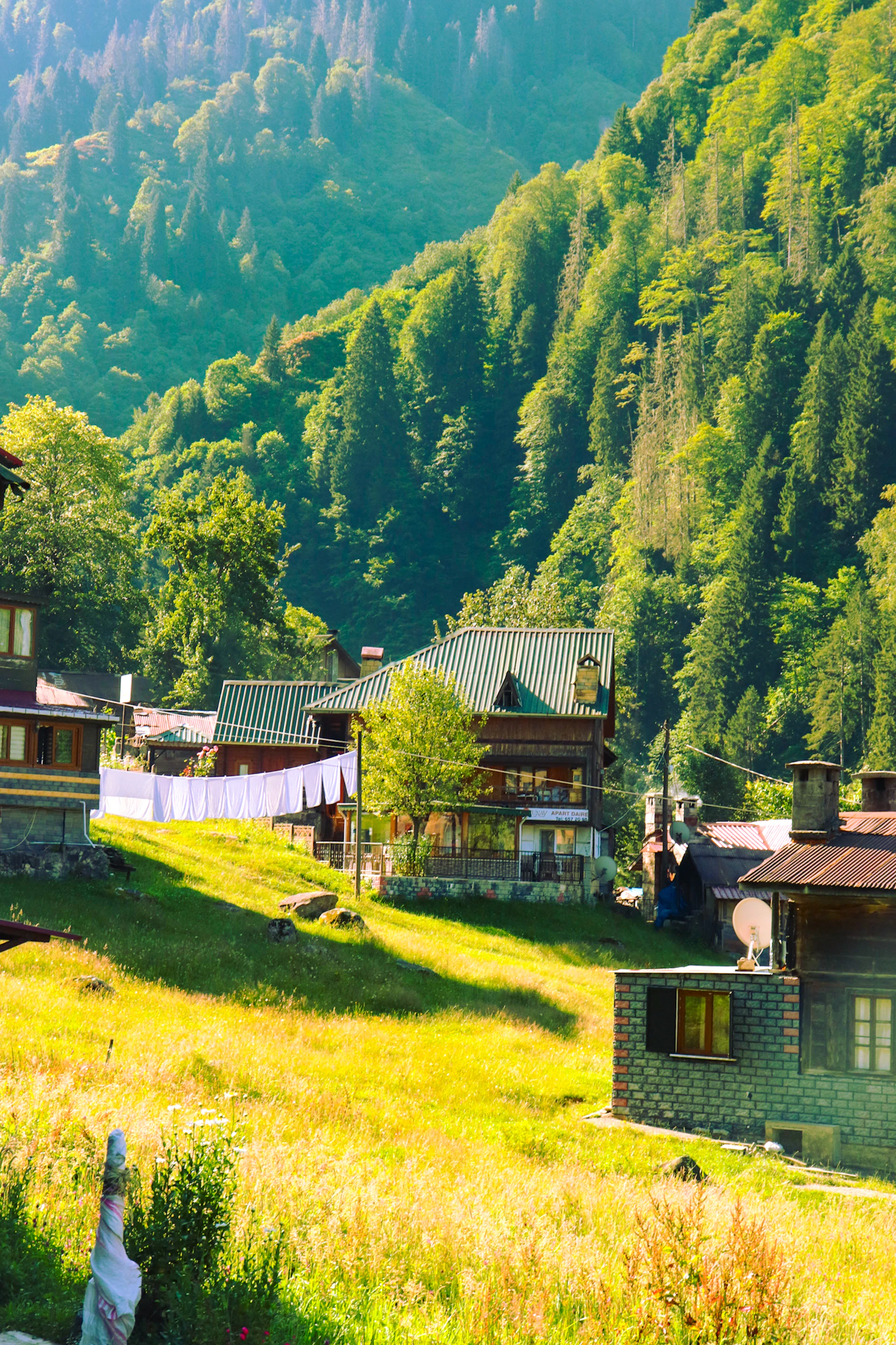 A small village in the middle of a mountain range