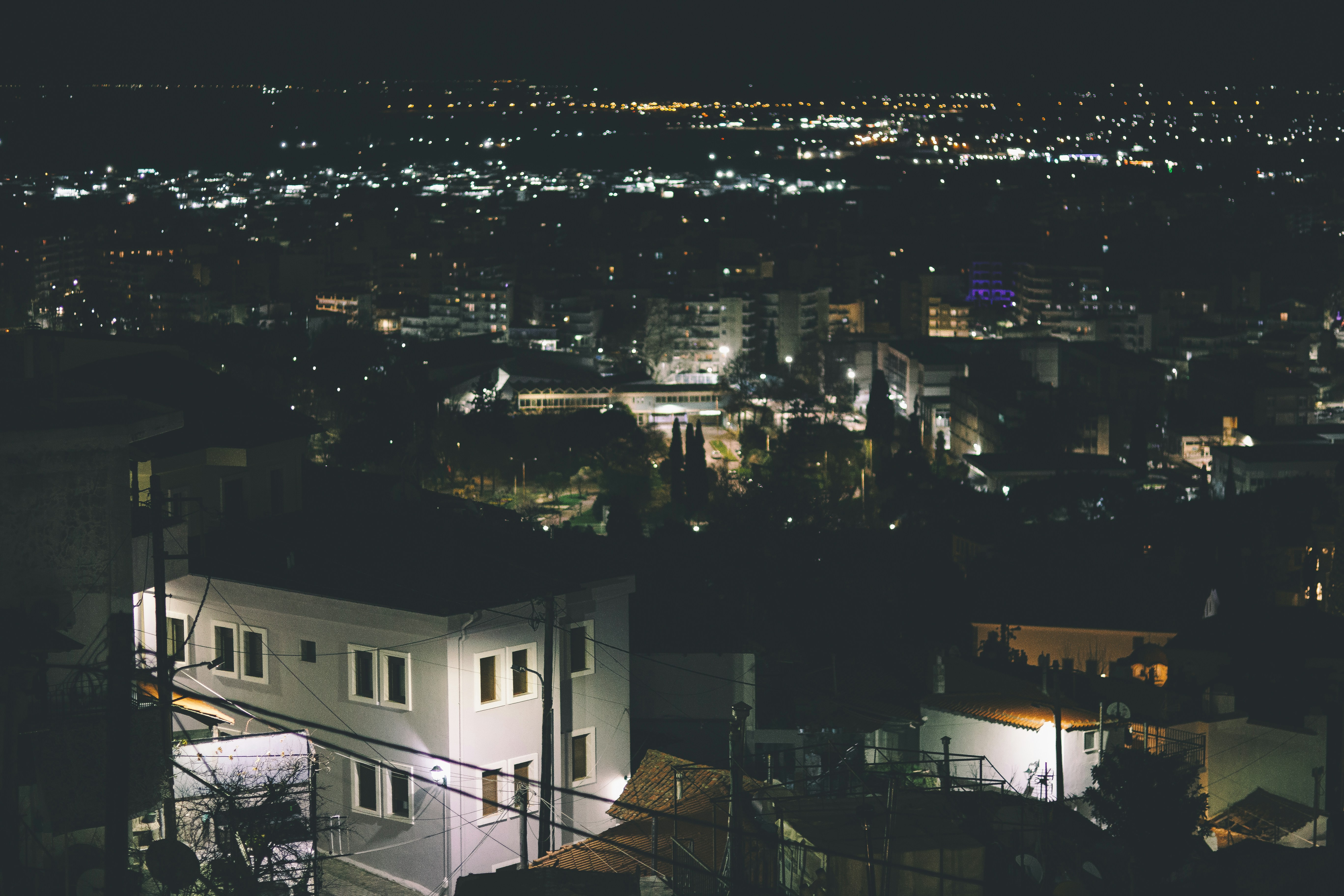 An aerial view of a city at night