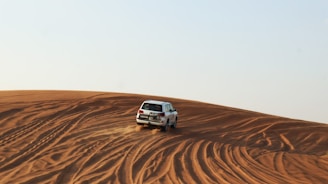 A white truck driving across a sandy field