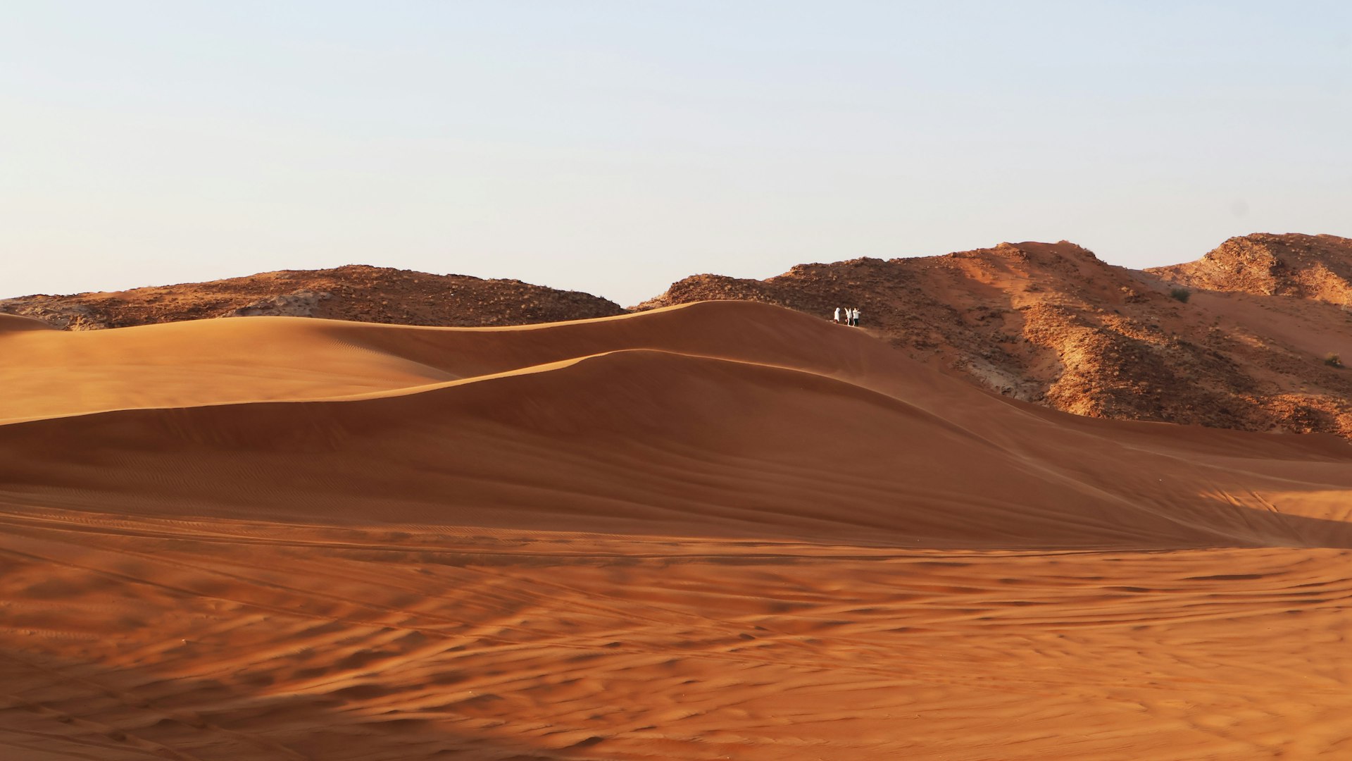 A desert landscape with sand dunes and mountains in the background