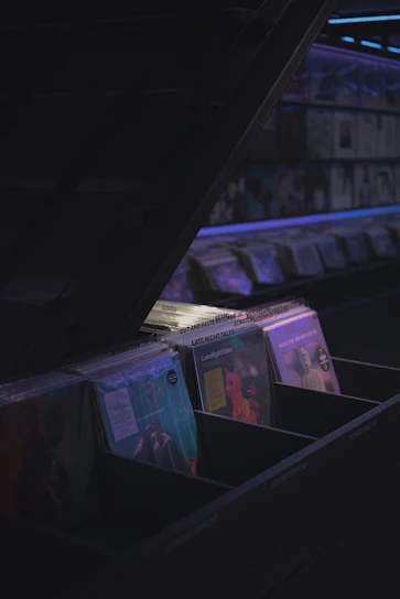 A row of cd's sitting on a shelf in a dark room