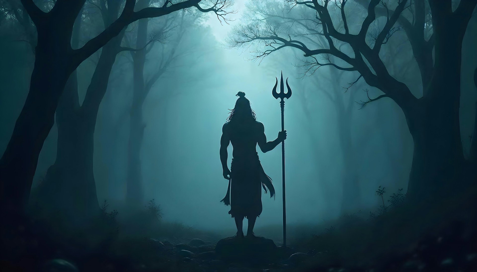 A man standing in the middle of a forest holding a staff