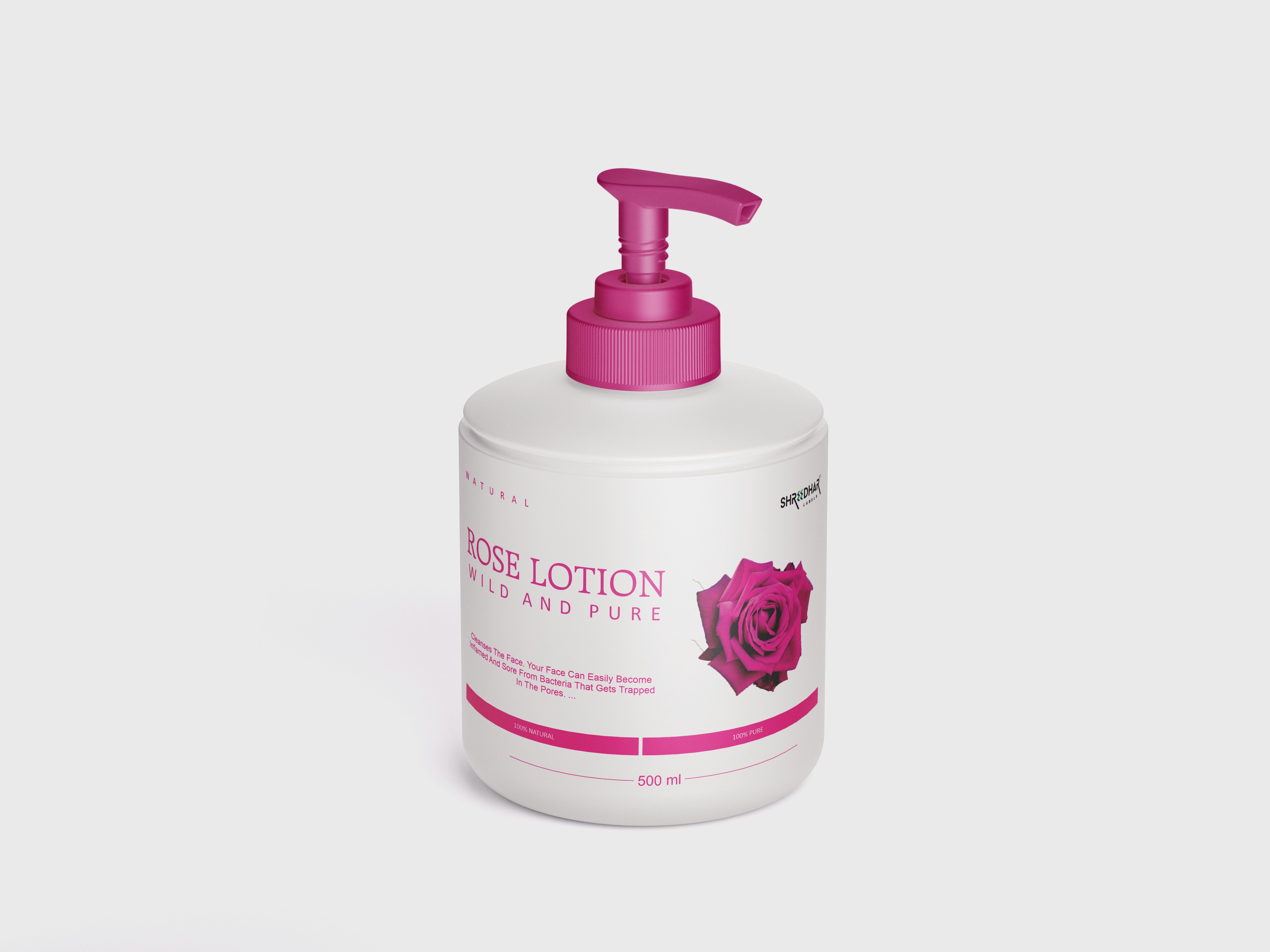 Una bottiglia di lozione su sfondo bianco